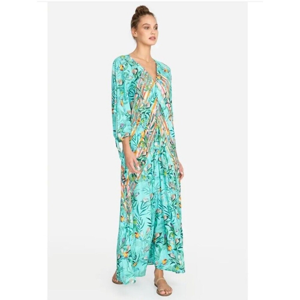 Johnny Was Taina Paneled Maxi Dress Swim Cover V-Neck Small Jungle Print